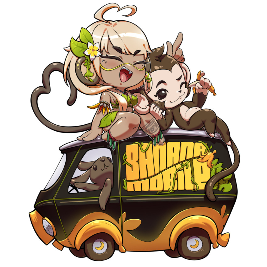 1girl ahoge animal_ears bananajuju bikini blonde_hair brown_car brown_tail car closed_eyes heart heart_ahoge indie_virtual_youtuber leaf_bikini leg_tattoo long_hair monkey monkey_ears monkey_girl motor_vehicle open_mouth orange_car outline paimo plant_clothing rabbit simple_background sitting solo swimsuit tattoo transparent_background tribal_tattoo two-tone_car van virtual_youtuber white_outline