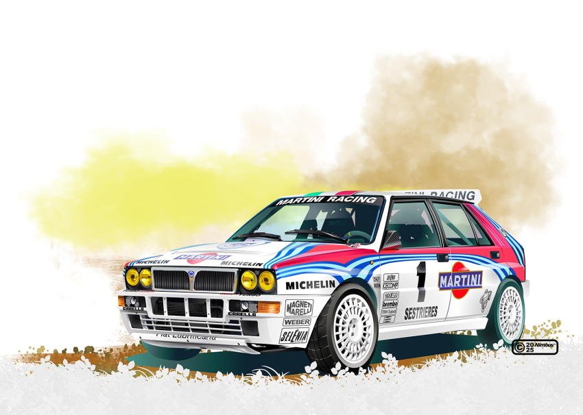 2025 artist_name car commentary_request lancia_(brand) lancia_delta_hf_integrale left-hand_drive martini_(brand) michelin motor_vehicle nimbus_goldbrum no_humans original race_vehicle racecar rally_car sponsor steering_wheel vehicle_focus