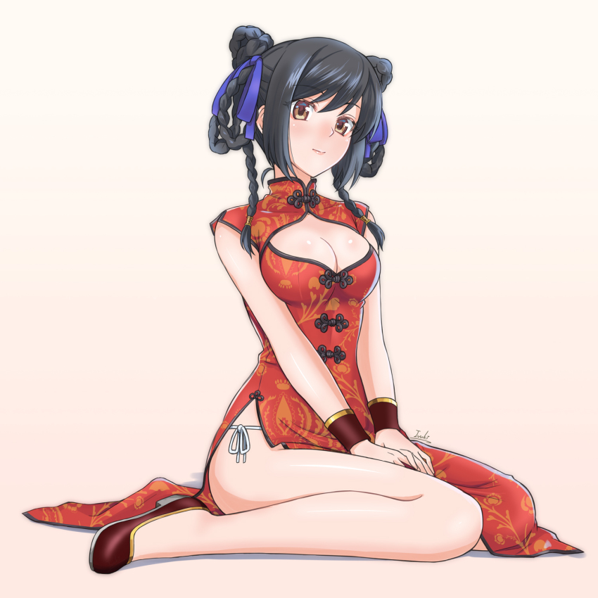 black_hair blue_ribbon bracelet braid breasts china_dress chinese_clothes cleavage cleavage_cutout clothing_cutout dress hair_ribbon hands_on_own_thighs head_tilt highres ivuki jewelry large_breasts legs medium_breasts original patterned_clothing red_dress red_footwear ribbon sitting thighs twin_braids wariza yellow_eyes