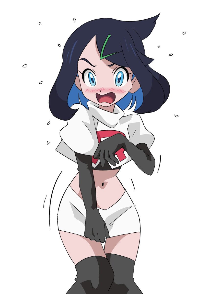 1girl aqua_eyes arm_up arms_up black_boots black_gloves black_hair black_leggings black_long_gloves black_shirt black_thighhighs blush boots clothes_pull colored_inner_hair cosplay cowlick cropped_jacket elbow_gloves embarrassed female_focus gloves hainchu hair_ornament hairclip highres jacket jessie_(pokemon)_(cosplay) leggings liko_(pokemon) logo long_glove multicolored_hair navel nintendo open_mouth pokemon pokemon_(anime) pokemon_horizons shirt skirt skirt_down skirt_pull solo solo_focus team_rocket team_rocket_(cosplay) team_rocket_uniform thighhighs thighs tongue white_background white_jacket white_skirt