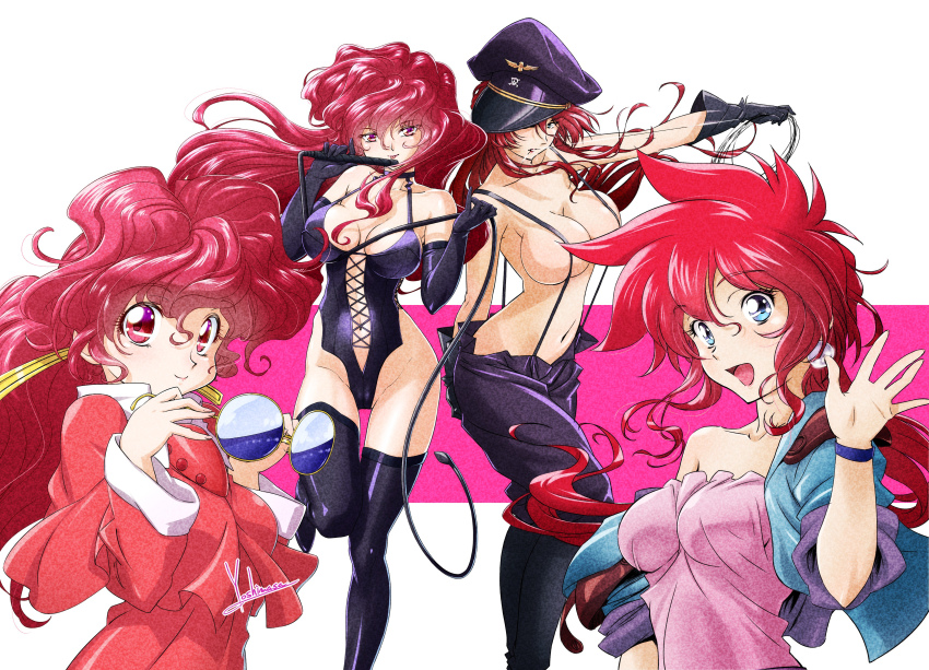 1990s_(style) 2girls absurdres bakuretsu_hunters black_gloves black_leotard black_thighhighs blue_eyes blue_jacket bondage_outfit breasts chocolate_misu cleavage commentary_request dominatrix dress elbow_gloves garrote glasses gloves hat highres jacket large_breasts leotard long_hair looking_at_viewer loose_pants low_ponytail multiple_girls multiple_views naked_suspenders navel peaked_cap pink_shirt ponytail red_dress red_eyes red_hair retro_artstyle shirt siblings sisters suspenders thighhighs tira_misu topless_female upper_body waving whip yoshinaga_masahiro