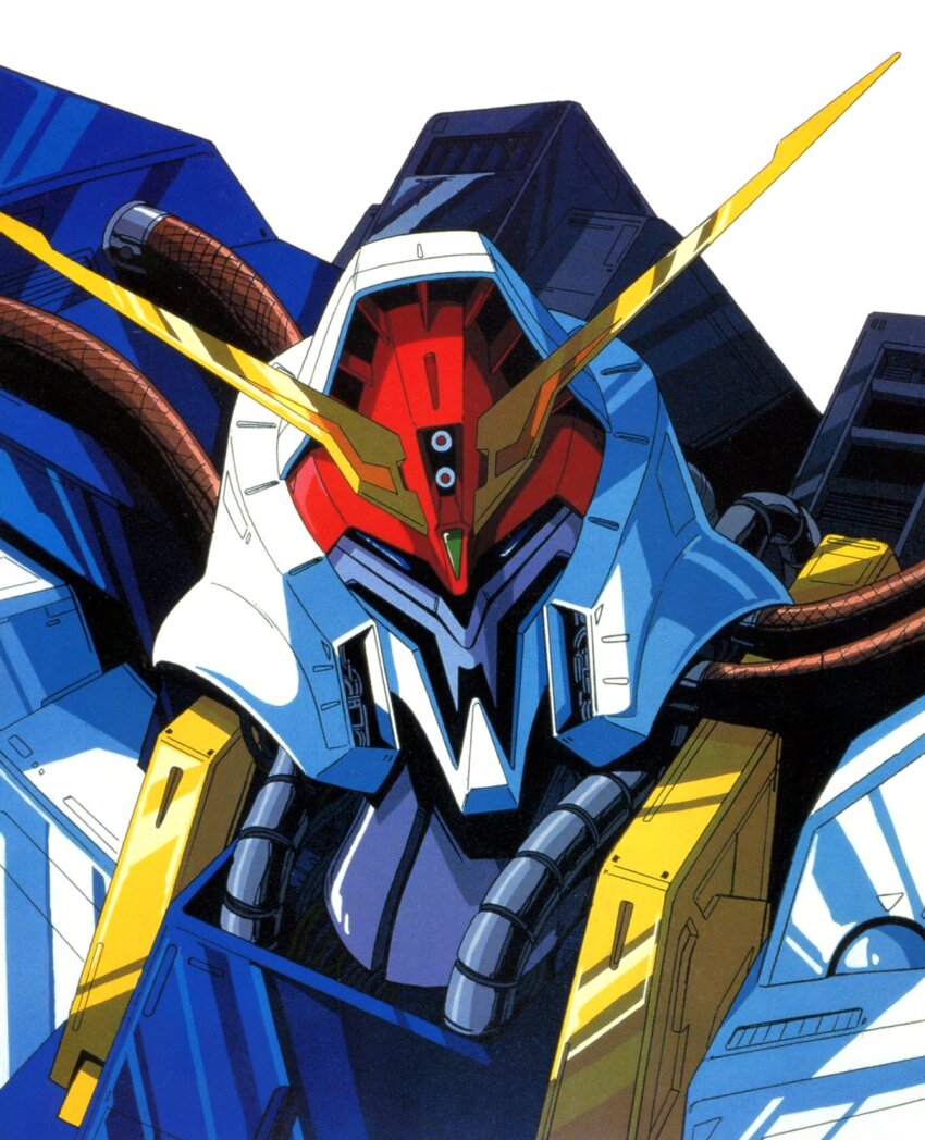 blue_eyes commentary_request gundam gundam_zz highres looking_at_viewer mecha mecha_focus mobile_suit no_humans official_art portrait psyco_gundam_mk_ii robot scan science_fiction simple_background solo third-party_source uchida_yorihisa v-fin white_background