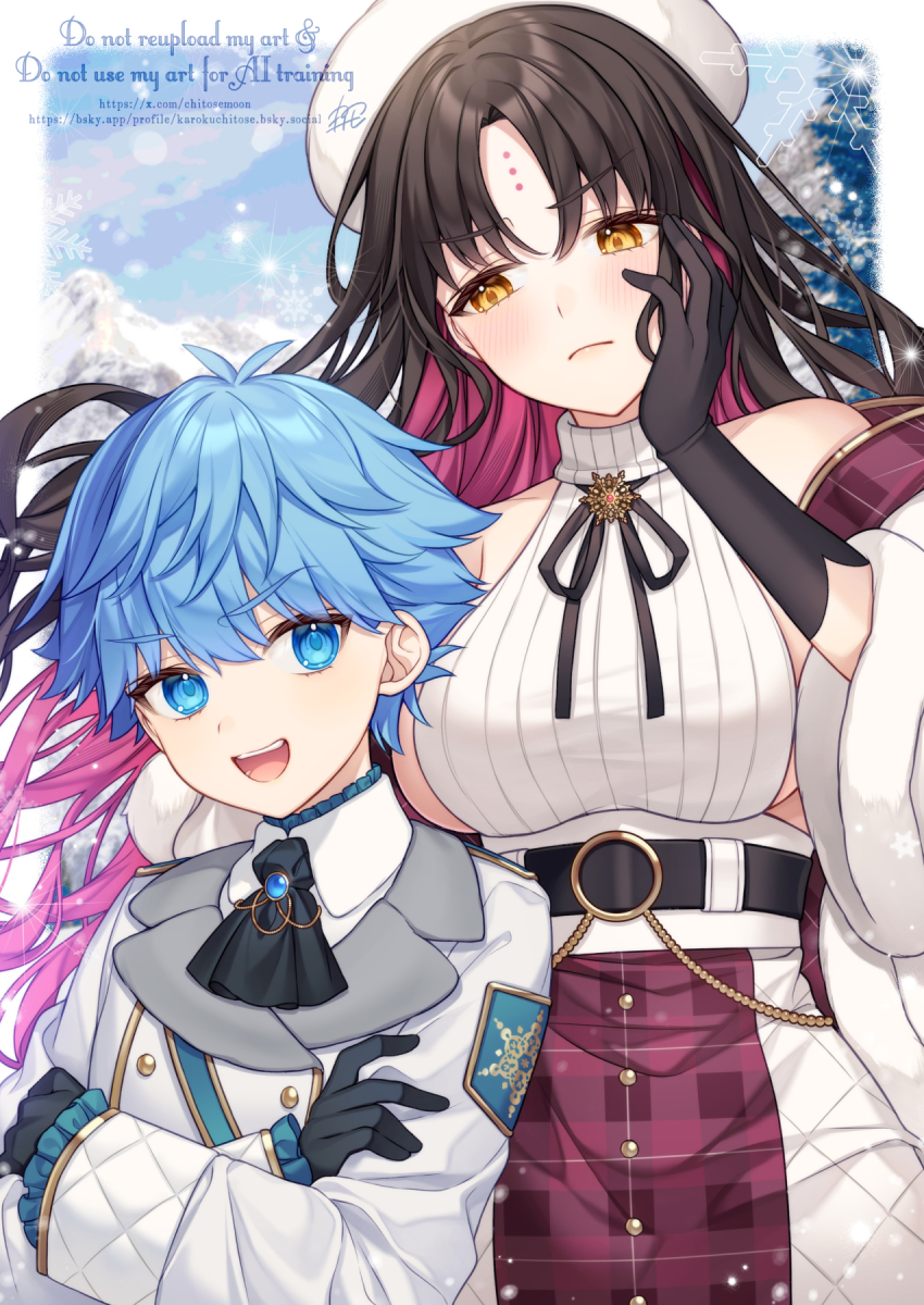 1boy 1girl bare_shoulders belt belt_buckle beret black_belt black_gloves black_hair black_ribbon blue_eyes blue_hair blush breasts brown_eyes buckle collared_shirt comiket_105 commentary_request english_text facial_mark fate/extra fate/extra_ccc fate_(series) forehead_mark frilled_sleeves frills gloves hair_between_eyes hans_christian_andersen_(fate) hat head_tilt highres jacket karokuchitose large_breasts long_hair long_sleeves multicolored_hair neck_ribbon parted_bangs purple_hair ribbed_sweater ribbon sessyoin_kiara shirt sideboob skirt sleeveless sleeveless_sweater sleeveless_turtleneck sleeves_past_wrists snow snowing sweater turtleneck turtleneck_sweater two-tone_hair very_long_hair watermark web_address white_hat white_jacket white_shirt white_skirt white_sweater
