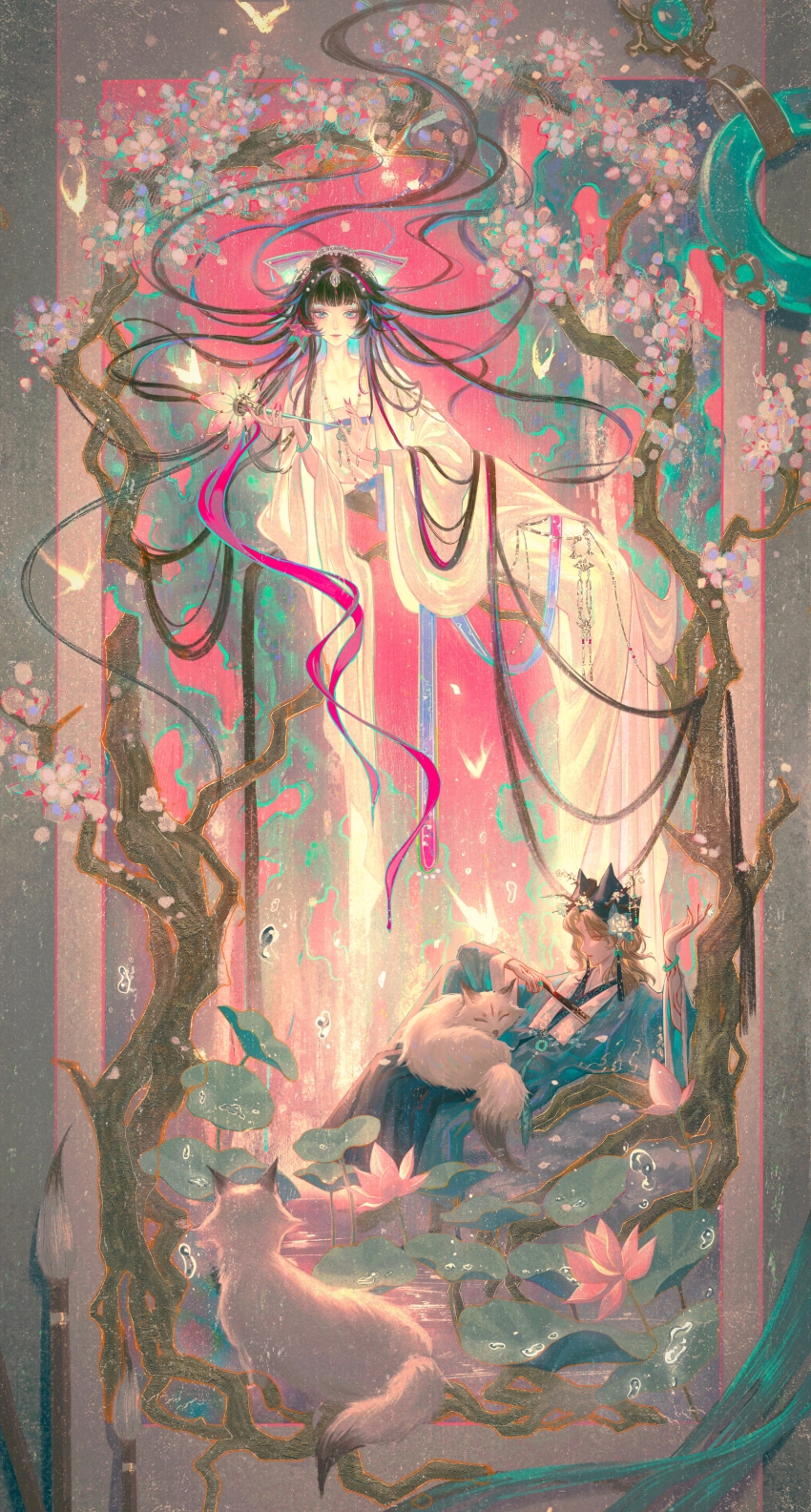 2girls absurdres animal animal_on_lap arm_tattoo black_hair black_hat blonde_hair blue_hair blue_hanfu branch character_request chinese_clothes chinese_commentary commentary_request curtained_hair facial_mark floating_hair flower forehead_mark fox hanfu hat highres holding jade_bracelet long_hair lotus lotus_leaf mole mole_under_eye multicolored_hair multiple_girls on_lap parted_bangs path_to_nowhere pink_flower pink_hair sumire_(path_to_nowhere) tattoo very_long_hair water white_hanfu xxyt-xx yellow_eyes