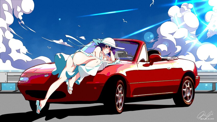 1girl absurdres arm_support ass bird blue_sky breasts car cloud cloudy_sky collarbone commentary convertible dress english_commentary eunos_roadster eyelashes full_body hat head_rest highres jub_jub koimonogatari legs looking_at_viewer lying mazda_mx-5 mazda_mx-5_na medium_breasts medium_hair monogatari_(series) motor_vehicle official_alternate_costume on_car on_side on_vehicle outdoors purple_hair red_car ribbon sandals seagull senjougahara_hitagi shadow signature sky sleeveless solo sun_hat thighs toes twitter_username white_dress white_ribbon