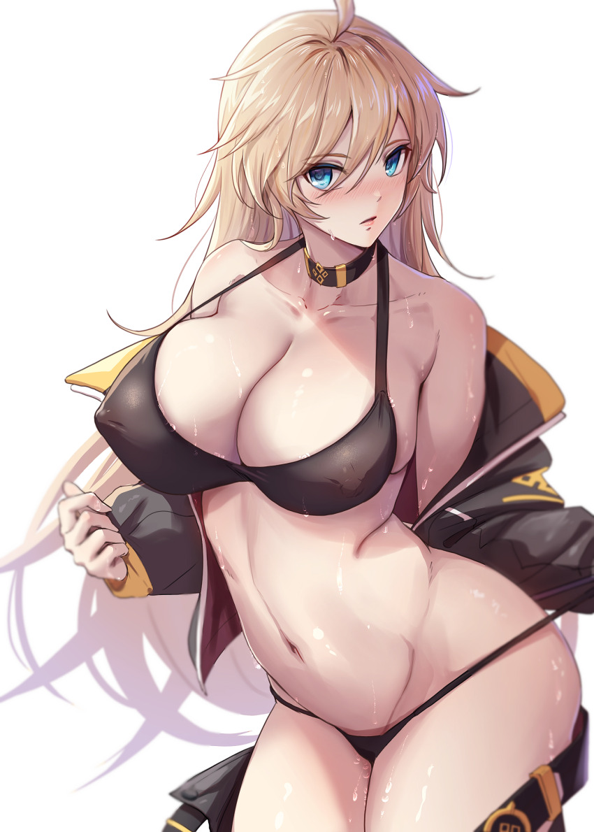 1girl ahoge alternate_costume bikini black_bikini blonde_hair blue_eyes breasts choker cleavage collarbone elsword highres jacket large_breasts light_blush long_sleeves navel open_clothes open_jacket pinkmarine rose_(elsword) solo stomach strap_pull sweat swimsuit undressing