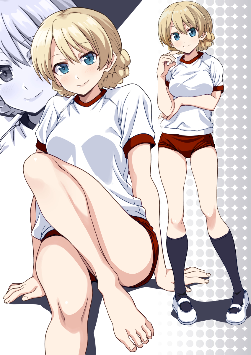 1girl absurdres barefoot black_socks blonde_hair blue_eyes blush braid breasts buruma closed_mouth darjeeling_(girls_und_panzer) girls_und_panzer gym_uniform highres large_breasts looking_at_viewer multiple_views ponzu_rui red_buruma shirt shoes smile socks uwabaki white_shirt
