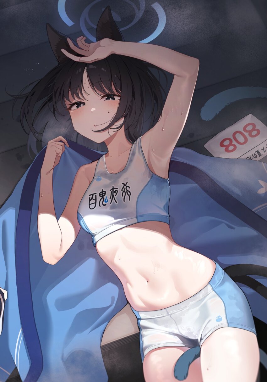1girl animal_ears arm_over_head armpits between_legs black_eyes black_hair blue_archive blue_halo blue_haori blue_shorts blue_sports_bra breasts buruma cat_ears cat_girl cat_tail commentary halo haori highres japanese_clothes kikyou_(blue_archive) midriff multicolored_shorts multicolored_sports_bra multiple_tails navel short_hair shorts sports_bikini sports_bra sportswear tail tail_between_legs track_and_field track_uniform two_tails vegetablenabe white_shorts white_sports_bra