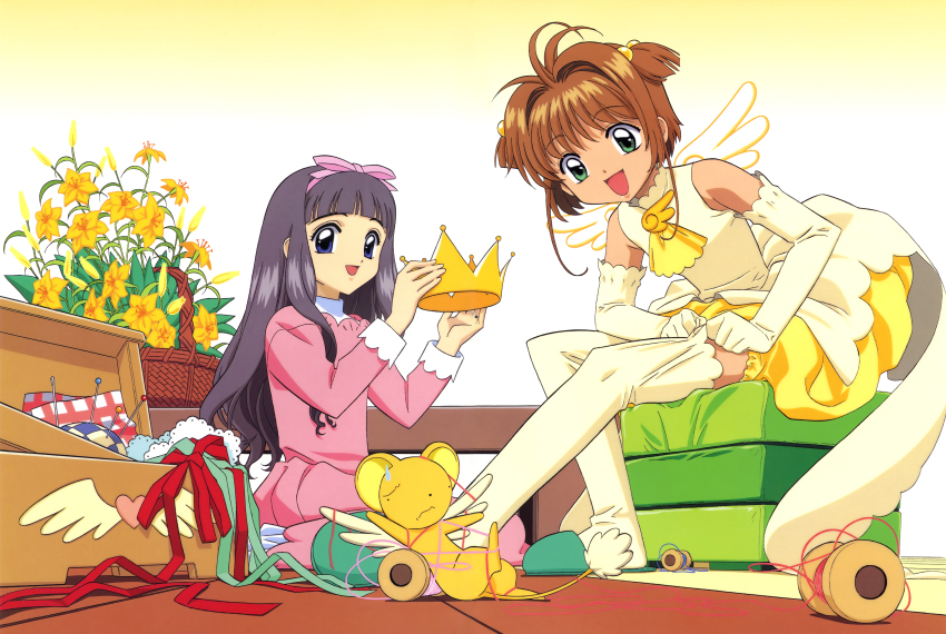1990s_(style) 2girls :d absurdres antenna_hair ascot black_hair blue_eyes bow brooch brown_hair bubble_skirt cardcaptor_sakura creature daidouji_tomoyo doily dot_nose dress elbow_gloves flower gloves gradient_background green_eyes green_ribbon hair_bobbles hair_bow hair_intakes hair_ornament highres jewelry kero_(cardcaptor_sakura) kinomoto_sakura kinomoto_sakura_(miraculous_sakura) long_hair looking_at_viewer multiple_girls official_art open_mouth pink_bow pink_dress pulling_own_clothes red_ribbon retro_artstyle ribbon scan sewing_kit sewing_pin short_hair short_twintails sitting skirt slippers smile string takahashi_kumiko thighhighs twintails two_side_up white_background white_gloves white_thighhighs white_wings wing_brooch wings yellow_ascot yellow_background yellow_skirt