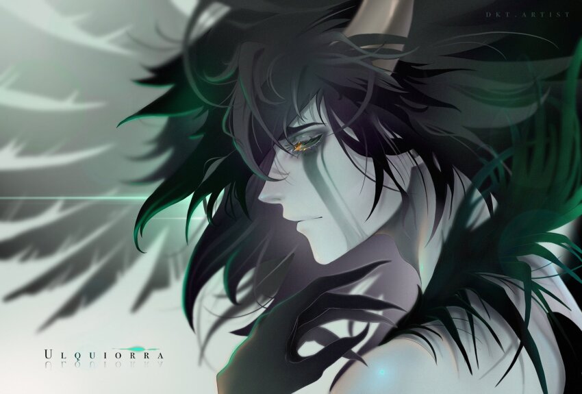 1boy arrancar artistdkt black_hair black_hands bleach closed_mouth colored_extremities colored_skin espada facial_mark hair_between_eyes highres horns long_hair male_focus orange_eyes pale_skin simple_background single_horn solo ulquiorra_cifer white_skin