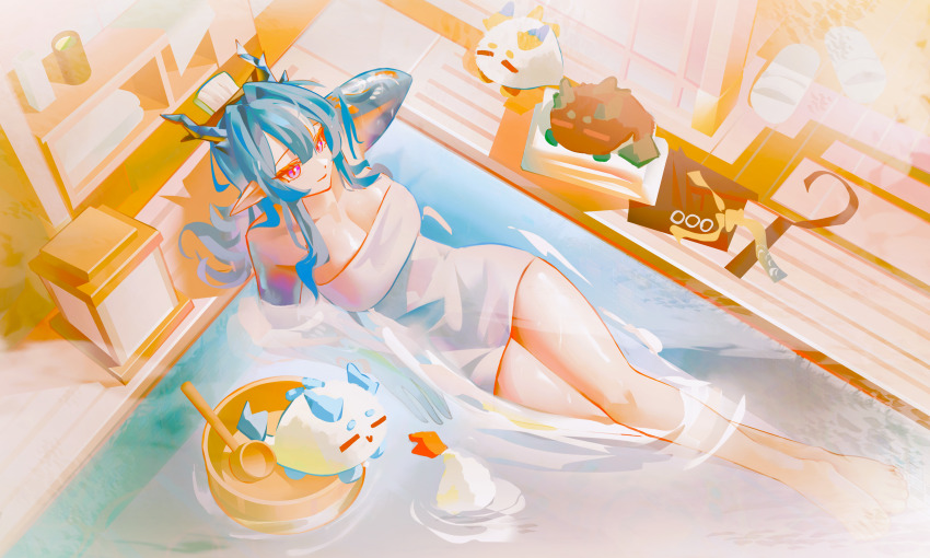 1girl absurdres annotated arknights arm_behind_head arm_up bathing blue_hair breasts cleavage closed_mouth colored_extremities commentary day dragon_bubble_(arknights) dragon_girl dragon_horns dusk_(arknights) english_commentary full_body hair_between_eyes highres horns indoors lantern large_breasts ling_(arknights) long_hair looking_ahead naked_towel nian_(arknights) nikov onsen partially_submerged pink_eyes pointy_ears shu_(arknights) smile solo steam towel water