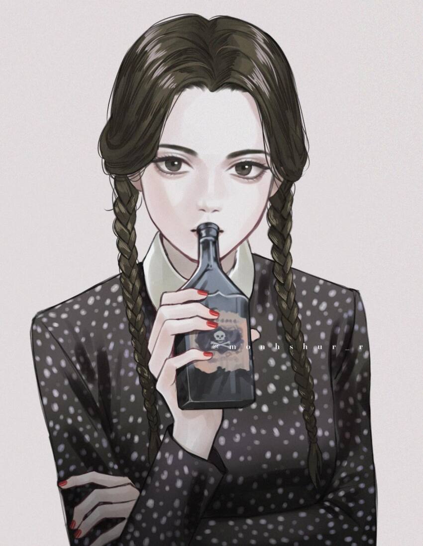 1girl addams_family black_dress black_eyes black_hair bottle braid breasts commentary dress drinking facebook_username highres holding holding_bottle low_twin_braids monhshur_r poison red_nails small_breasts solo twin_braids wednesday_(netflix) wednesday_addams