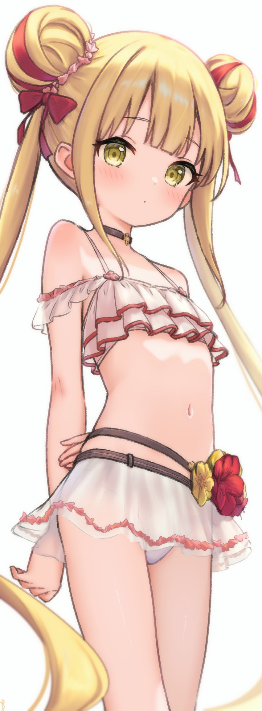 1girl absurdres bare_arms bare_shoulders bikini bikini_skirt blonde_hair closed_mouth dot_mouth dot_nose double_bun flat_chest frilled_bikini frills green_eyes hair_bun highres jia_wenyuan long_hair looking_at_viewer luna_(shadowverse) navel shadowverse simple_background solo standing stomach swimsuit thighs white_background white_bikini
