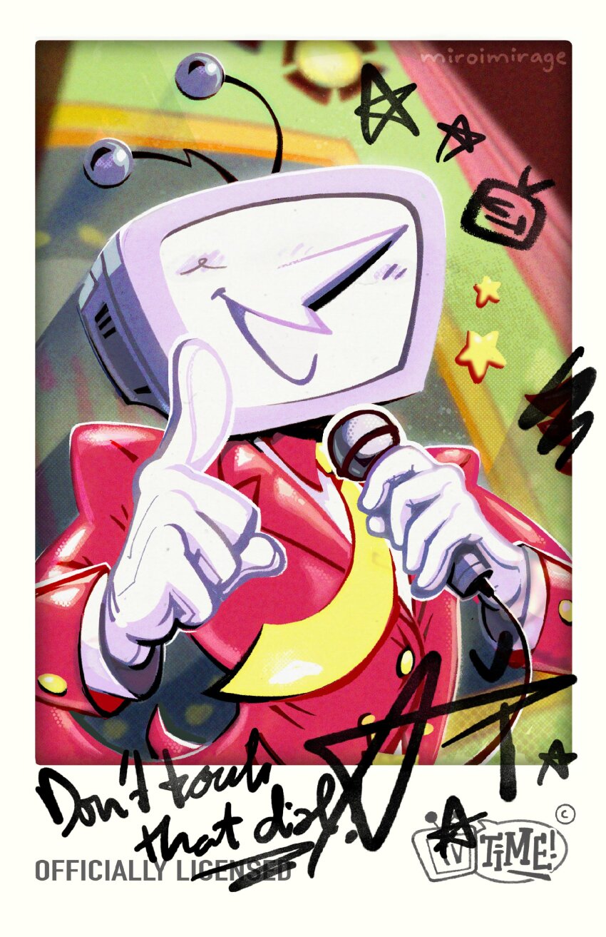 1boy absurdres ant_tenna artist_name commentary crt curtains deltarune english_commentary english_text gloves hands_up highres holding holding_microphone male_focus microphone miroimirage necktie object_head photo_(object) pointy_nose smile solo stage_curtains stage_lights tailcoat upper_body white_gloves yellow_necktie