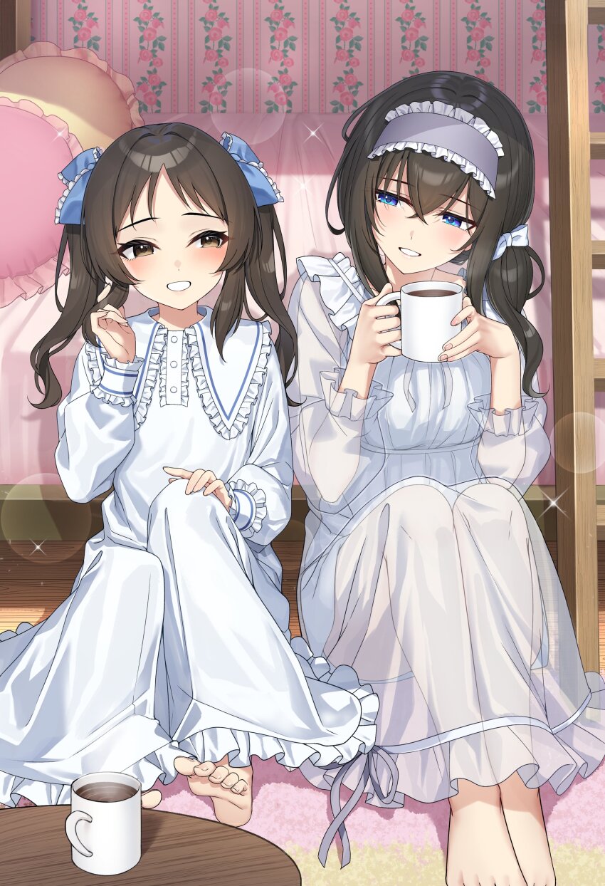 2girls absurdres alternate_costume alternate_hairstyle bare_legs barefoot bed blue_eyes blush bow brown_hair coffee cup dress frilled_hairband frills go-1 hair_bow hairband highres idolmaster idolmaster_cinderella_girls indoors knees_up mug multiple_girls sagisawa_fumika see-through_clothes see-through_dress see-through_sleeves sitting sleepwear slice_of_life smile sparkle tachibana_arisu toes twintails white_dress