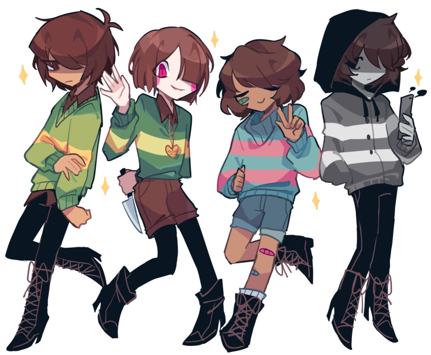4others bandaid bandaid_on_cheek bandaid_on_face bandaid_on_knee bandaid_on_leg black_footwear black_hood black_leggings black_pants blank_stare blue_shirt blue_shorts blue_sweater blush brown_eyes brown_hair brown_shorts cellphone chara_(undertale) charamells closed_eyes collared_shirt colored_skin dark_skin deltarune denim denim_shorts frisk_(undertale) green_shirt grey_hoodie grey_shirt grey_skin hair_over_one_eye hand_in_pocket holding holding_knife holding_own_arm holding_phone holding_weapon hood hoodie jewelry knife kris_(deltarune) leggings locket multiple_others necklace other_focus pale_skin pants pendant phone quartet red_eyes shaded_face shirt short_hair shorts smile socks striped_clothes striped_hoodie striped_shirt sweater undertale v vessel_(deltarune) waving weapon white_background white_socks