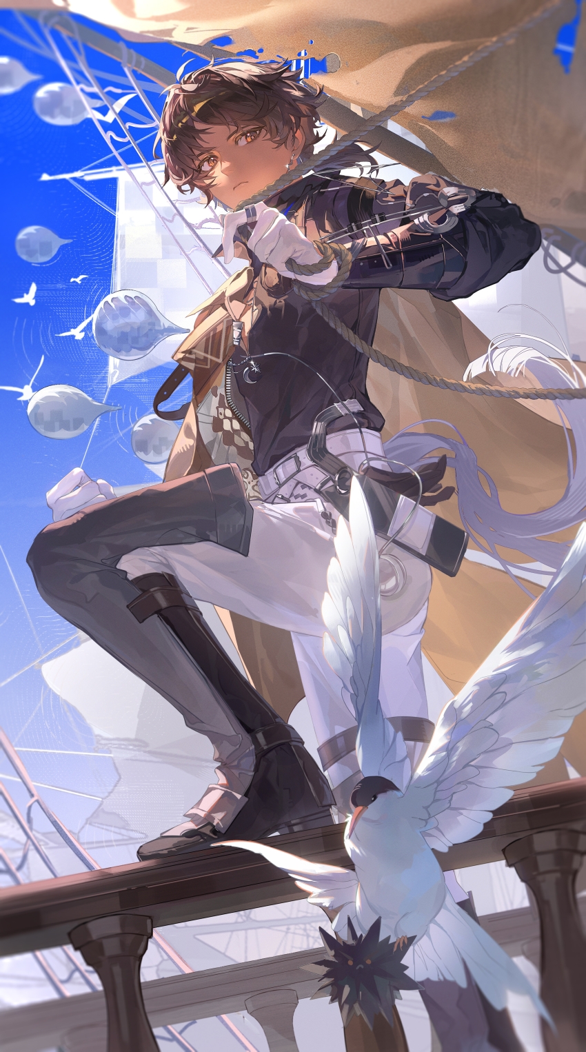 1boy absurdres arknights balloon banister belt bird bird_request black_hair black_shirt black_shoes blouse boat boots brown_cape brown_eyes cape chinese_commentary commentary crescent crescent_necklace dark-skinned_male dark_skin earrings expressionless foot_out_of_frame gauntlets gloves highres holding holding_rope jewelry knee_boots leg_up looking_at_viewer looking_down male_focus necklace pants rope sail sailboat shi_yang shirt shoes side_cape solo standing star_(symbol) star_necklace thorns_(arknights) thorns_the_lodestar_(arknights) watercraft white_bird white_gloves white_pants