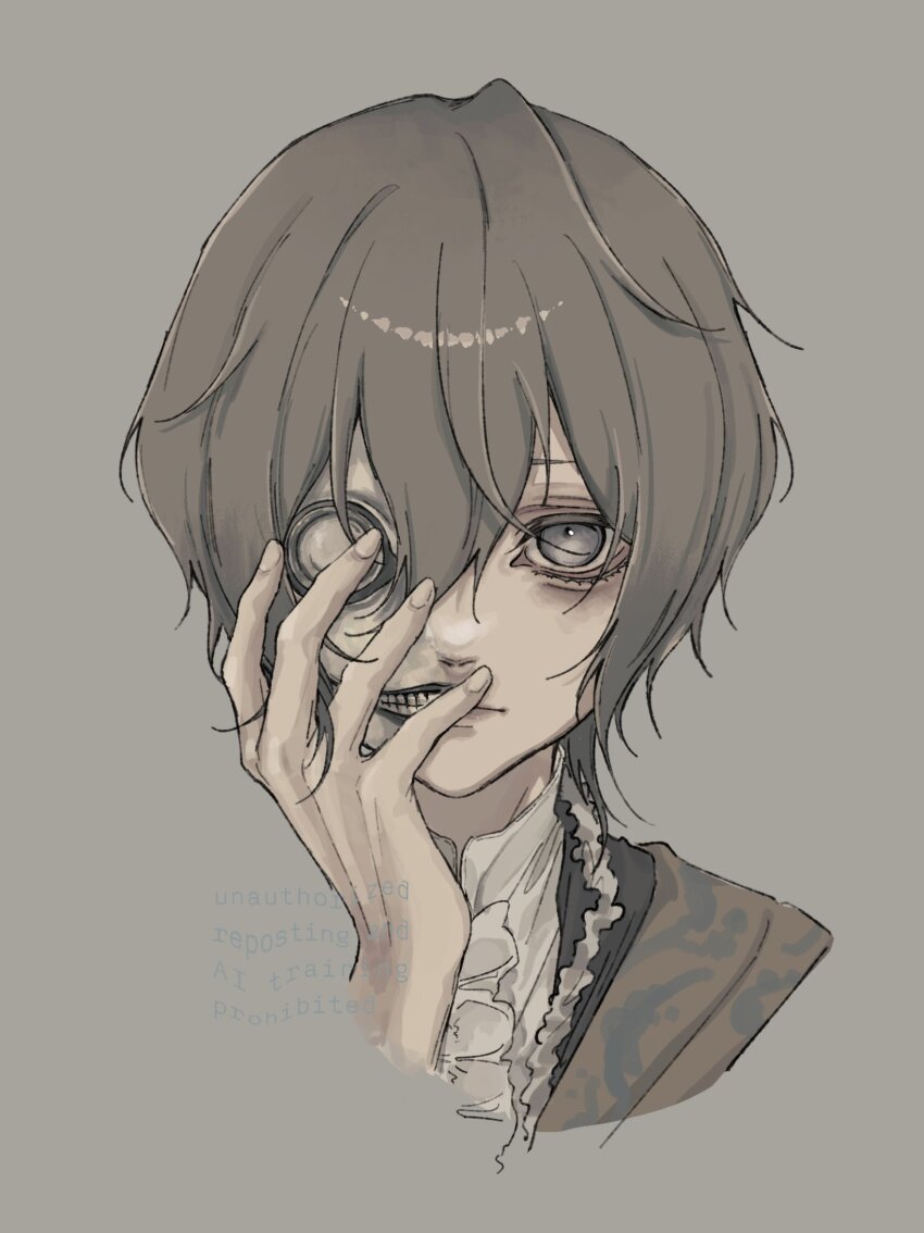 1boy bags_under_eyes commentary_request ctnknj emil_(human)_(nier) emil_(nier) grey_background grey_eyes grey_hair hair_between_eyes hand_on_own_face highres looking_at_viewer male_focus medium_hair nier nier_(series) simple_background solo straight-on upper_body