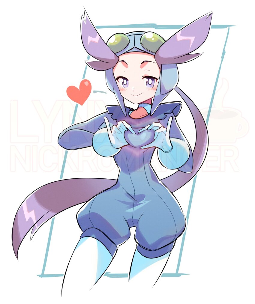 1girl blush cheesecakes_by_lynx closed_mouth commentary english_commentary gloves heart heart_hands helmet highres long_hair looking_at_viewer nintendo pilot_helmet pilot_suit pokemon pokemon_oras purple_eyes purple_hair smile solo very_long_hair watermark white_gloves winona_(pokemon)