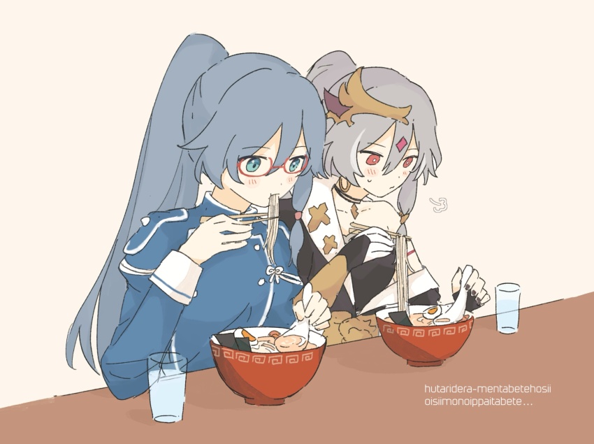 2girls bare_shoulders black_dress black_jacket black_nails blue_eyes blue_jacket bowl bridal_gauntlets brown_background chopsticks commentary cup dress drinking_glass food fu_hua fu_hua_(valkyrie_accipiter) grey_hair herrscher_of_sentience highres holding holding_chopsticks holding_spoon honkai_(series) honkai_impact_3rd jacket meandros multiple_girls nail_polish noodles plastic_spoon ponytail romaji_text simple_background spoon symbol-only_commentary translation_request tya_tya_3rd upper_body water
