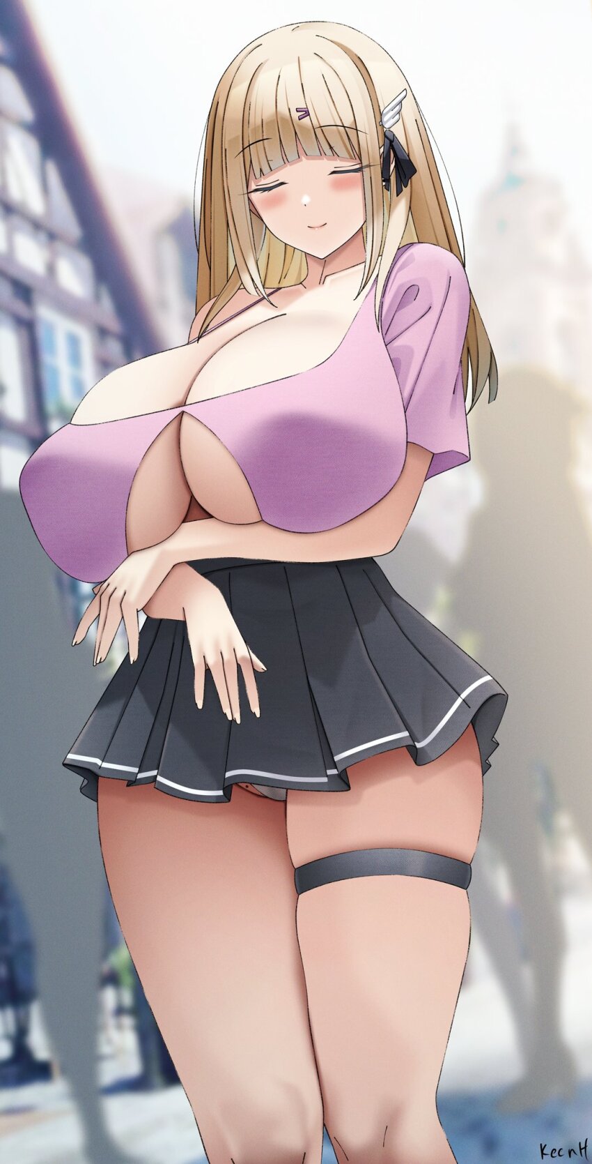 1girl black_skirt blunt_bangs blush breasts brown_hair building cleavage cleavage_cutout closed_eyes closed_mouth clothing_cutout collarbone commentary commentary_request english_commentary hair_ribbon highres house huge_breasts keenh long_hair original outdoors pink_shirt ribbon shirt short_sleeves sidelocks signature skirt solo standing thigh_strap winged_hair_ornament
