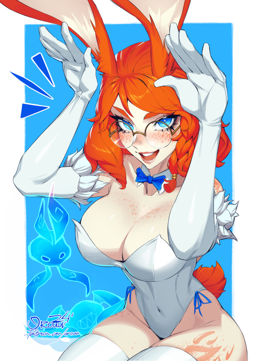 1girl animal_ears artist_name aurora_(league_of_legends) blue_bow blue_bowtie blue_eyes bow bowtie braid breasts bright_pupils cleavage collar collarbone covered_navel detached_collar elbow_gloves eyelashes freckles fur-trimmed_gloves fur_trim gloves highres large_breasts league_of_legends leotard lips open_mouth orange_hair orouu patreon_username rabbit_ears rabbit_pose round_eyewear solo thighhighs white_collar white_gloves white_leotard white_pupils white_thighhighs