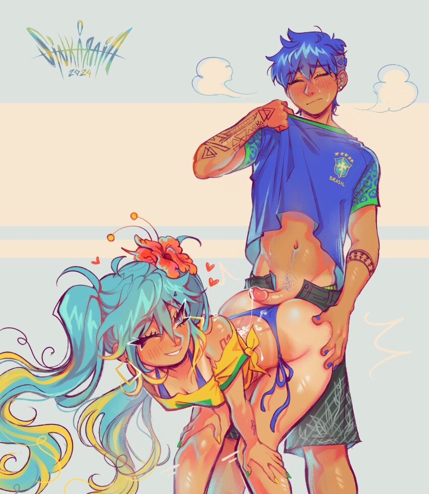 1boy 1girl alt_text aqua_eyes aqua_hair arm_tattoo ass bikini black_shorts blue_bikini blue_hair blue_nails blue_shirt blush bound brazilian_miku breasts buttjob cleavage commentary_request cum cum_on_back cum_on_body erection flower green_nails hair_flower hair_ornament hands_on_own_hips hatsune_miku hetero highres juliet_sleeves kaito_(vocaloid) long_sleeves medium_breasts navel off-shoulder_shirt off_shoulder one_eye_closed open_fly penis portuguese_commentary puffy_sleeves shirt shorts sintastein smile steaming_body sweat swimsuit tan tanline tattoo vocaloid yellow_nails