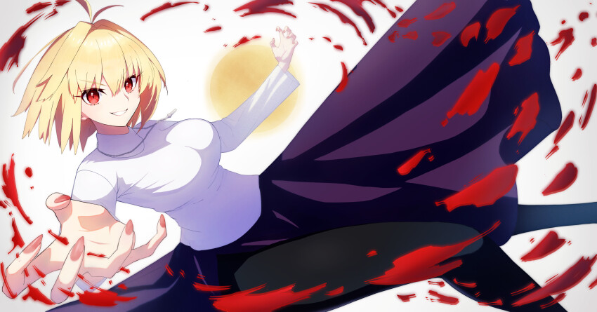 1girl absurdres ahoge arcueid_brunestud evil_smile fingernails grin highres jewelry looking_at_viewer makolas97 melty_blood melty_blood:_type_lumina necklace pantyhose purple_skirt red_arcueid red_eyes sharp_fingernails short_hair side_slit skirt smile sweater tsukihime tsukihime_(remake) turtleneck turtleneck_sweater