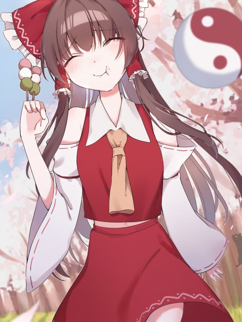 1girl ascot blush bow brown_hair cherry_blossoms closed_eyes closed_mouth commentary_request dango detached_sleeves eating falling_petals food food_on_face frilled_bow frilled_hair_tubes frills hair_bow hair_tubes hakurei_reimu happy highres long_hair navel orb outdoors petals pink_petals red_bow red_skirt ribbon-trimmed_sleeves ribbon_trim rwft3bpgzzqk634 sanshoku_dango skewer skirt skirt_set solo touhou very_long_hair wagashi yellow_ascot yin_yang yin_yang_orb
