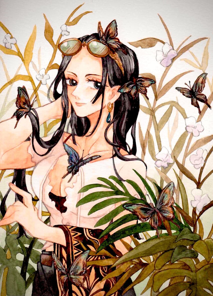 1girl black_hair blue_eyes breasts bug butterfly closed_mouth cowboy_shot earrings eyewear_on_head flower highres insect jewelry long_hair nico_robin one_piece painting_(medium) short_sleeves sinoda_maru7326 smile solo traditional_media watercolor_(medium)