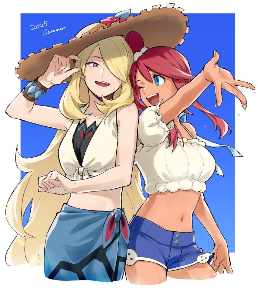 1girl bikini bikini_under_clothes bikini_under_shorts blonde_hair blue_eyes blue_sarong blue_shorts breasts brown_hat collarbone crop_top cynthia_(pokemon) cynthia_(summer_2025)_(pokemon) denim denim_shorts flower flower_hat grey_eyes hair_ornament hair_over_one_eye hat hat_flower highres long_hair looking_at_viewer midriff mocollie navel nintendo off-shoulder_shirt off_shoulder official_alternate_costume one_eye_closed one_side_up open_mouth pokemon pokemon_masters_ex red_hair sarong shirt shorts sidelocks skyla_(pokemon) skyla_(summer_2025)_(pokemon) smile straw_hat sun_hat swimsuit teeth tied_shirt very_long_hair