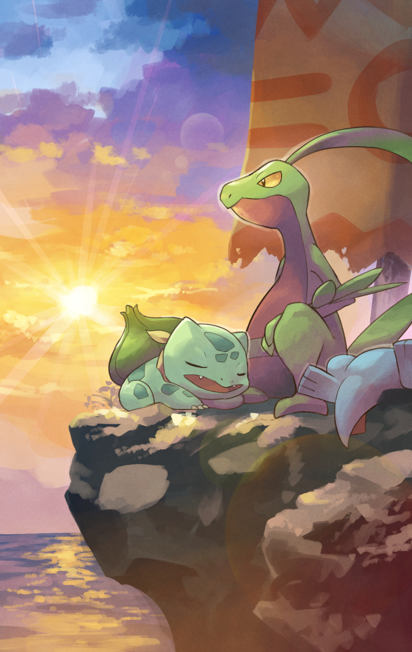animal_focus blue_skin bulbasaur cliff closed_eyes colored_skin commentary_request fangs gen_1_pokemon gen_2_pokemon gen_3_pokemon green_skin grovyle highres horizon nintendo no_humans ocean outdoors pokemon pokemon_(creature) pokemon_mystery_dungeon pokemon_mystery_dungeon:_explorers_of_time/darkness/sky sitting sleeping sun sunlight tail totodile water yamaori_(hakkentai_pokedan) yellow_eyes