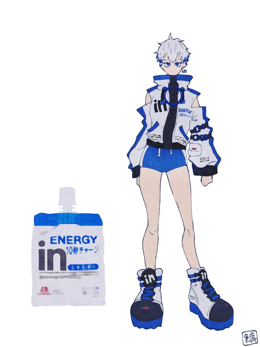 1girl bare_legs blue_eyes blue_hair blue_shorts clothing_cutout colored_shoe_soles colored_tips commentary drawstring ear_piercing earrings full_body high_collar highres jacket jewelry legs_apart long_sleeves looking_at_viewer multicolored_hair no_mouth no_nose original oversized_zipper personification piercing shoes short_hair short_shorts shorts shoulder_cutout signature simple_background sneakers sokura_(mochichitose) solo standing very_short_hair weider_in_jelly white_background white_hair white_jacket white_shoes zipper zipper_pull_tab