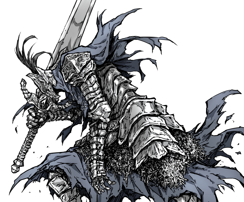 1boy absurdres armor artorias_the_abysswalker breastplate cape dark_souls_(series) dark_souls_i full_armor gauntlets greatsword helmet highres holding holding_sword holding_weapon knight male_focus over_shoulder pauldrons plume shimoda_masaya shoulder_armor solo standing sword torn_clothes weapon