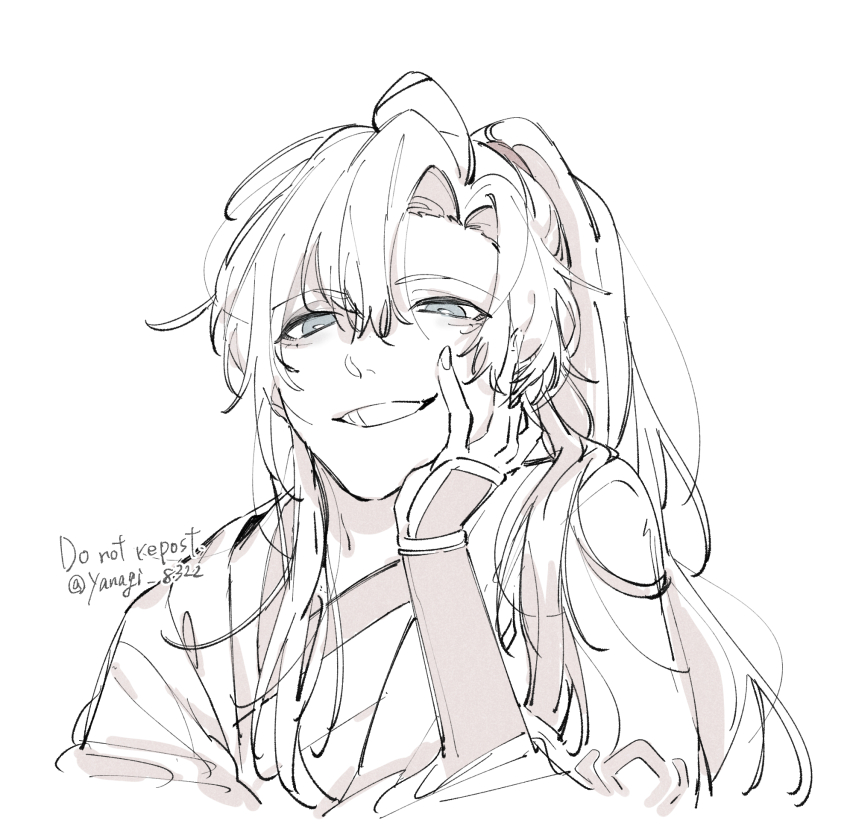 1boy ahoge bishounen chinese_clothes grey_eyes greyscale grin gymnasium119 hair_between_eyes hand_on_own_cheek hand_on_own_face hand_up hanfu head_rest highres long_hair long_sleeves looking_at_viewer male_focus modao_zushi monochrome ponytail robe sidelocks simple_background sleeves_past_wrists smile solo spot_color twitter_username upper_body wei_wuxian white_background