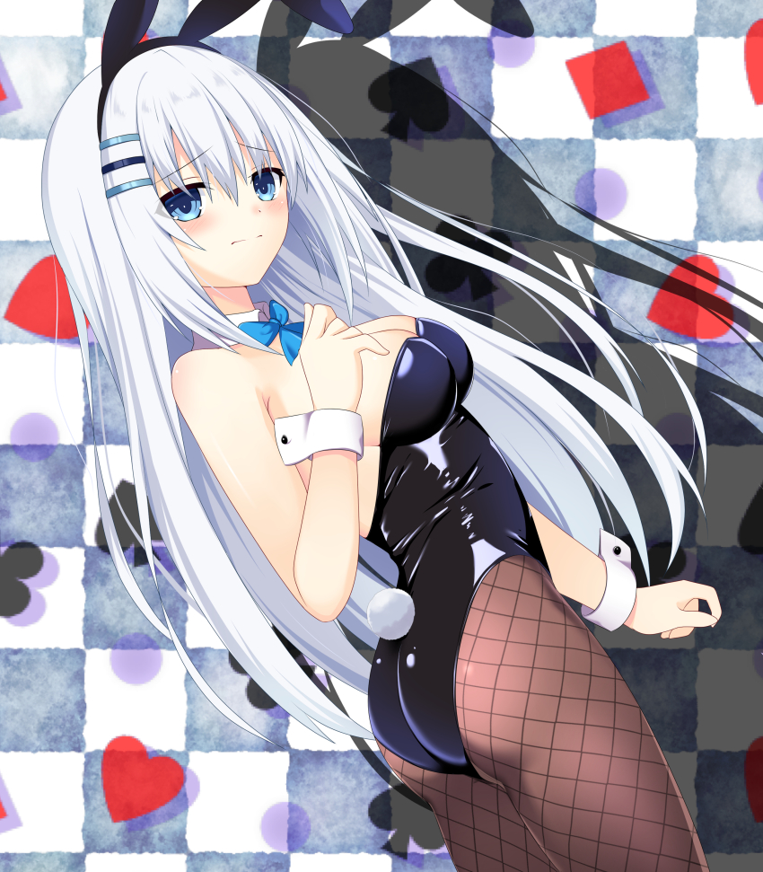 1girl absurdres animal_ears black_leotard blue_eyes blush breasts closed_mouth club_(shape) date_a_live diamond_(shape) fake_animal_ears fake_tail fishnet_pantyhose fishnets hair_ornament hairpin heart highres leotard long_hair medium_breasts pantyhose playboy_bunny rabbit_tail receipt0424 shadow spade_(shape) tail tobiichi_origami white_hair wrist_cuffs