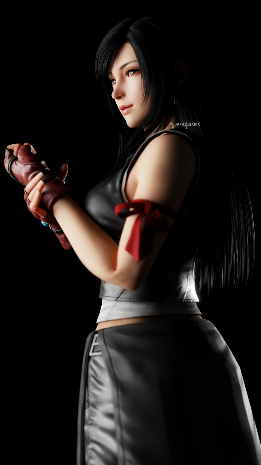 1girl 3d absurdres apron arm_ribbon artist_request bare_shoulders black_background black_hair breasts clenched_hand crop_top dissidia_final_fantasy dissidia_final_fantasy_nt final_fantasy final_fantasy_vii final_fantasy_vii_advent_children fingerless_gloves foerequiems gloves highres large_breasts long_hair red_eyes red_gloves ribbon solo square_enix tifa_lockhart twitter_username waist_apron