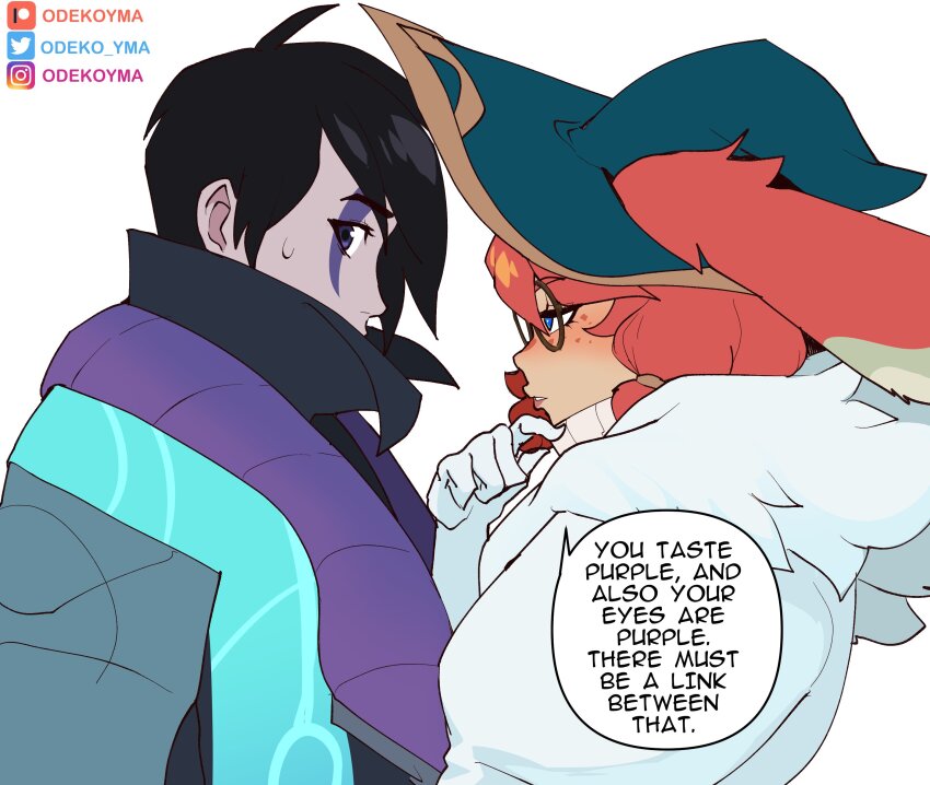 1boy 1girl absurdres animal_ears aphelios artist_name aurora_(league_of_legends) black_hair blue_eyes blush english_text freckles glasses gloves green_hat hat highres jacket league_of_legends odeko_yma profile rabbit_ears rabbit_girl round_eyewear short_hair sideways_glance simple_background speech_bubble white_background white_gloves witch_hat
