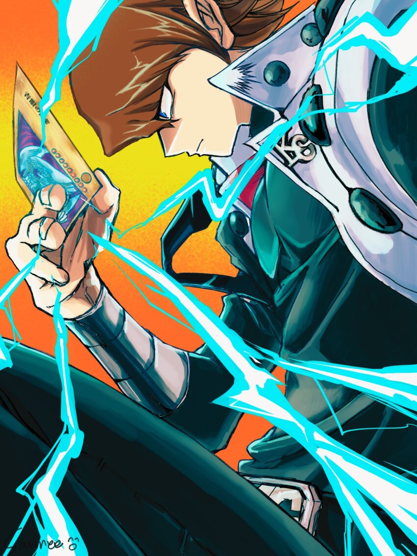1girl black_pants black_shirt blue-eyes_white_dragon blue_eyes brown_hair card coat from_side gradient_background highres holding holding_card kaiba_seto orange_background pants profile sannee_618 shirt solo trading_card white_coat yellow_background yu-gi-oh! yu-gi-oh!_duel_monsters