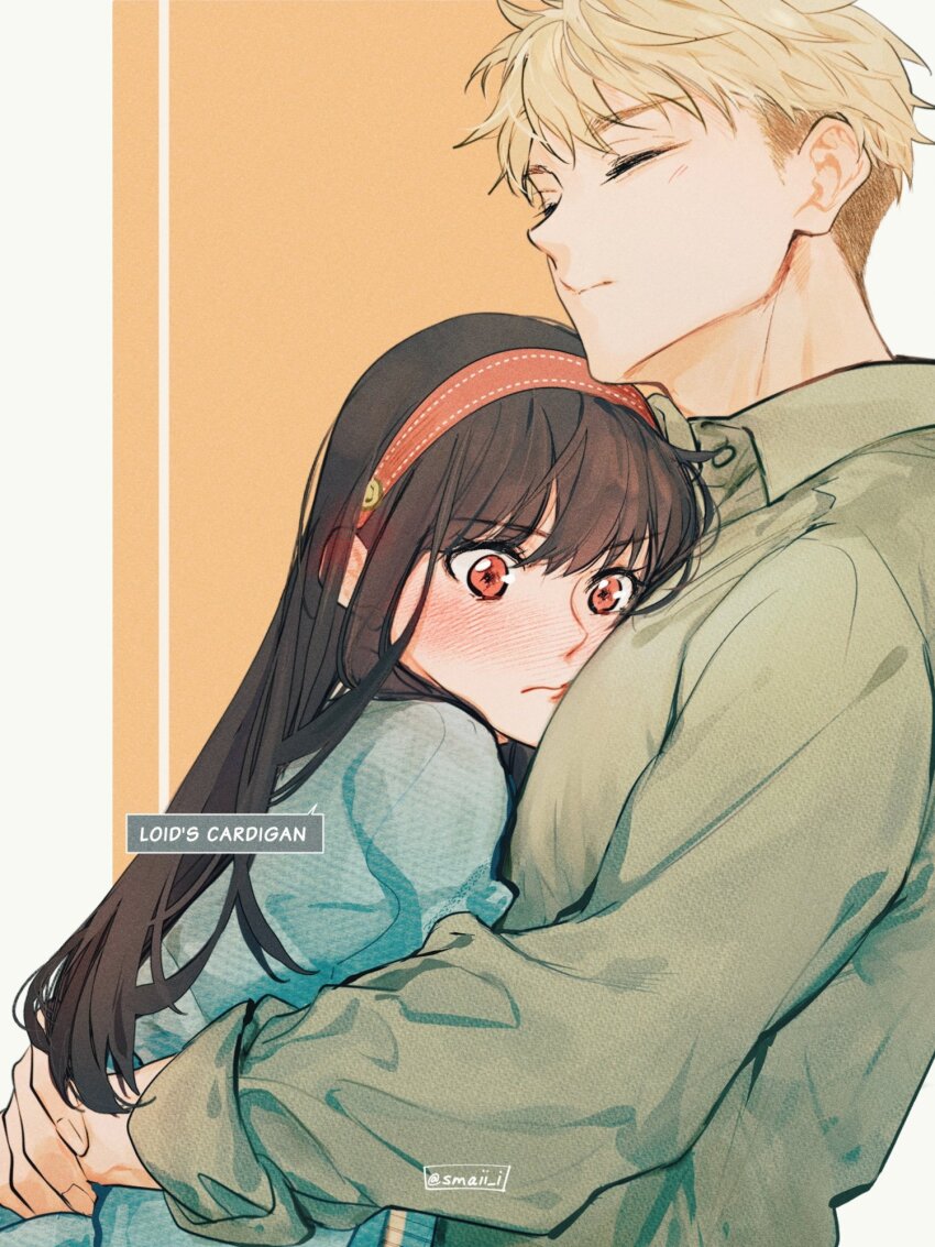 1boy 1girl aqua_cardigan black_hair blonde_hair blunt_bangs blush cardigan closed_mouth collared_shirt commentary couple ear_blush from_side green_shirt hairband head_on_another&#039;s_chest height_difference highres hug husband_and_wife leaning_on_person long_hair maiii_(smaii_i) red_eyes red_hairband shirt short_hair spy_x_family symbol-only_commentary twilight_(spy_x_family) twitter_username upper_body yor_briar