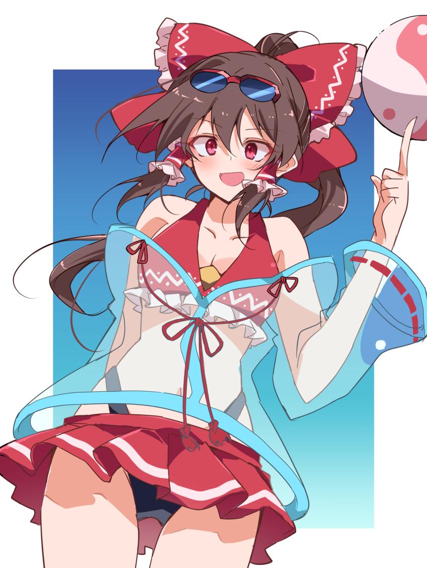 1girl :d bikini bikini_skirt black_bikini blue_background bow breasts brown_hair cleavage cowboy_shot eyewear_on_head frilled_bikini frilled_hair_tubes frills gradient_background hair_tubes hakurei_reimu highres ichimura_kanata long_hair looking_at_viewer medium_breasts open_mouth orb ponytail red_bikini red_bow red_eyes smile solo swimsuit touhou touhou_gensou_eclipse yin_yang yin_yang_orb