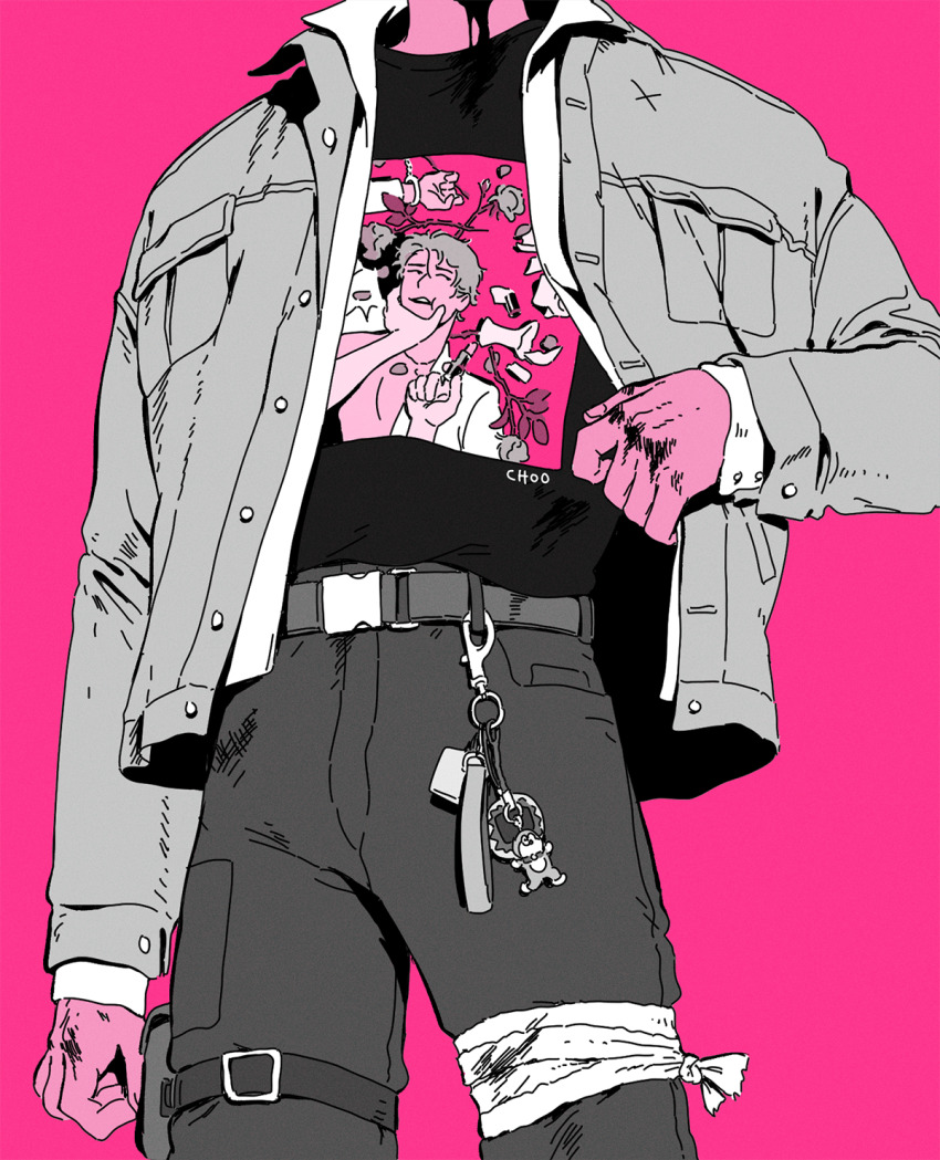 1boy artist_name bandaged_leg bandages belt belt_charm black_blood black_shirt bleeding blood blood_on_clothes blood_on_face broken_vase carabiner choo collared_shirt colored_skin commentary cosmetics cowboy_shot denim denim_jacket english_commentary flower grey_flower grey_hair grey_jacket hand_on_another&#039;s_face head_out_of_frame highres holding holding_lipstick_tube holster jacket lipstick_tube long_sleeves male_focus monochrome open_clothes open_jacket original pink_background pink_skin pink_theme print_shirt shirt shirt_tucked_in signature simple_background single_handcuff solo t-shirt thigh_holster white_jacket white_shirt