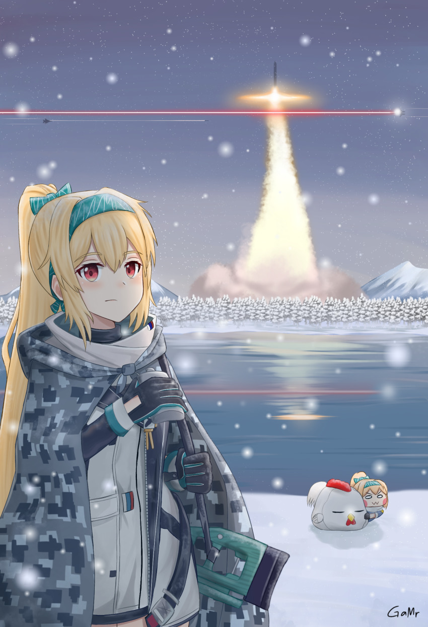 1girl ace_combat adfx-02_morgan airborne_laser aircraft airplane artist_name ballistic_missile bird black_gloves blonde_hair blush bolt_action bow camouflage_cloak cannon chibi chicken cipher_(ace_combat) closed_mouth directed-energy_weapon energy energy_beam energy_cannon energy_weapon f-15 f-15_eagle feet_out_of_frame gamryous girls&#039;_frontline gloves green_bow green_hairband gun gun_on_back hair_bow hairband highres holding holding_weapon jacket larry_foulke laser laser_cannon laser_weapon long_hair looking_at_viewer ponytail prototype_design red_eyes red_laser rifle rocket russian_flag scenery sniper_rifle snowflake_background solo standing sv-98 sv-98_(girls&#039;_frontline) sv-98_(mod3)_(girls&#039;_frontline) weapon weapon_on_back white_jacket winter