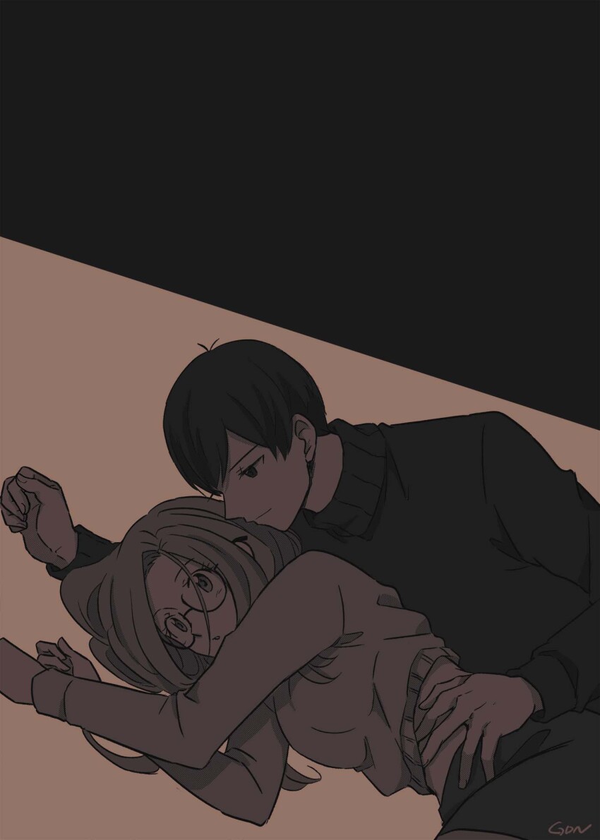 1boy 1girl couple digimon digimon_adventure_02 gdn0522 glasses greyscale hand_on_another&#039;s_stomach hetero highres ichijouji_ken inoue_miyako long_hair looking_at_another lying monochrome on_side parted_lips short_hair straight_hair sweater turtleneck turtleneck_sweater