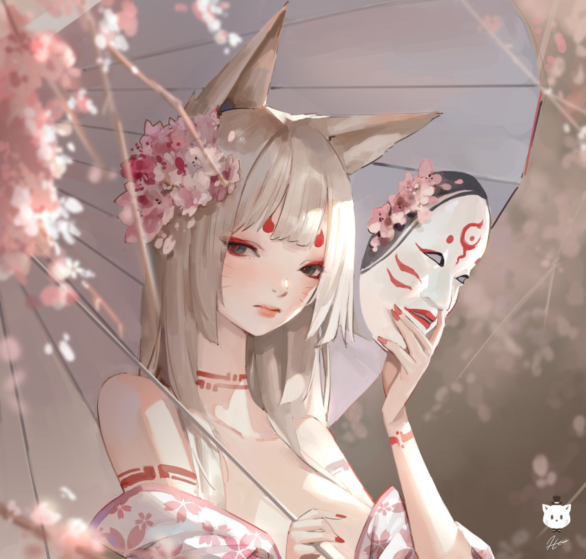 1girl absurdres animal_ears arm_tattoo artist_logo bare_shoulders black_eyes closed_mouth commentary dated_commentary eyeshadow facial_mark fingernails floral_print flower fox_ears fox_girl grey_hair hair_flower hair_ornament hand_up highres hikimayu holding holding_mask holding_umbrella japanese_clothes jung_wonjo kimono lips logo long_hair looking_at_viewer makeup mask nail_polish neck_tattoo off_shoulder original pink_flower print_kimono red_eyeshadow red_nails red_pupils signature slit_pupils solo tattoo umbrella upper_body whisker_markings white_kimono