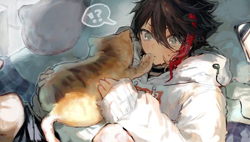 !? 1boy animal bed black_shorts blush brown_hair cat closed_mouth commentary_request digital_media_player dot_nose earbuds earphones grey_eyes hair_between_eyes highres holding holding_animal holding_cat hood hood_down hoodie inusaka long_sleeves lying male_focus multicolored_hair nijisanji on_back orange_cat pillow red_hair saegusa_akina saegusa_akina_(1st_costume) short_hair shorts sleeves_past_wrists solo speech_bubble streaked_hair sweatdrop tabby_cat virtual_youtuber white_hoodie