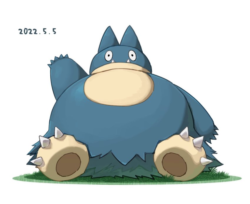 arm_up black_eyes claws closed_mouth commentary_request dated fangs fangs_out full_body gen_4_pokemon grass jako_(boke_poke) munchlax nintendo no_humans pokemon pokemon_(creature) pokemon_focus solo white_background