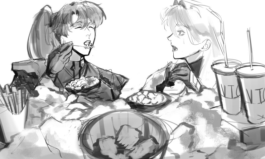 1boy 1girl absurdres armor bowl closed_eyes drink eating food french_fries gloves greyscale headband high_ponytail highres holding holding_spoon logicsterrr looking_at_another monochrome mukbang nephis_(shadow_slave) open_mouth ponytail shadow_slave shoulder_armor spoon sunny_(shadow_slave) upper_body