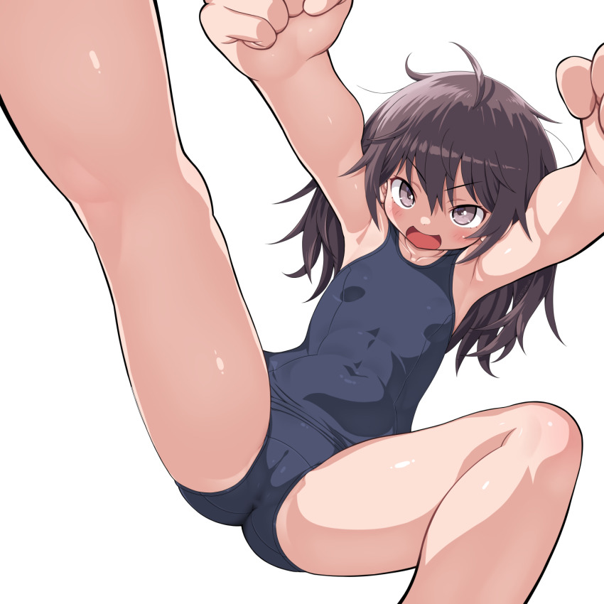 1girl ahoge ass blush breasts brown_hair cameltoe clenched_hands covered_navel dd_(ijigendd) grey_eyes groin highres long_hair one-piece_swimsuit open_mouth original outstretched_arms school_swimsuit simple_background small_breasts smile solo swimsuit white_background