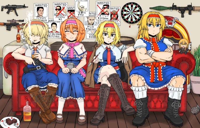 114514_(meme) 4girls alcohol alice_margatroid barrel black_boots black_eyes blonde_hair blue_dress blue_eyes blush boots breasts brown_boots brownie_(food) capelet character_doll cigarette closed_eyes closed_mouth collared_capelet commentary_request cookie_(touhou) couch crossed_arms crossed_legs cup dart dartboard dress english_text explosive frilled_dress frilled_hairband frilled_necktie frilled_sash frilled_socks frills frown full_body fumo_(doll) grenade gun h&amp;k_mp5 hair_between_eyes hair_over_eyes hairband handgun hide_(acceed) highres hinase_(cookie) holding holding_cup holding_gun holding_rock holding_smoking_pipe holding_weapon indoors inmu-kun jigen_(cookie) jukebox kansai_claimer_(inmu) kirisame_marisa kiseru lace-up_boots large_breasts liquor long_bangs looking_at_viewer manatsu_no_yo_no_inmu medium_hair miura_daisenpai multiple_girls muscular muscular_female necktie open_mouth pink_hairband pink_necktie pink_sash plant plate portrait poster_(object) potted_plant puffy_short_sleeves puffy_sleeves red_hairband red_necktie red_sash rei_(cookie) revolver rifle rock rocket_launcher rpg rpg-7 rpg_(weapon) sakuranbou_(cookie) sash scope short_sleeves sitting smile smoking smoking_pipe sniper_rifle socks submachine_gun syamu_game taisa_(cookie) takuya_(acceed) touhou tsurime_suki vss_vintorez wanted_poster weapon white_capelet white_socks wooden_floor yajuu_senpai